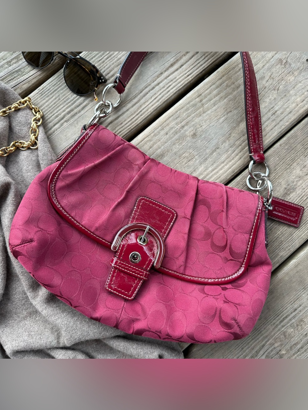 Coach Soho Signature Flap Hobo Bag Burgundy Shoulder Bag Red Y2K